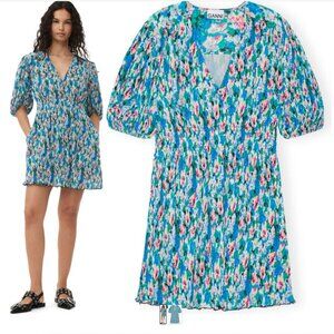 Ganni Pleated Georgette V-neck Mini Dress - Size 36 (Small 4) NWT
